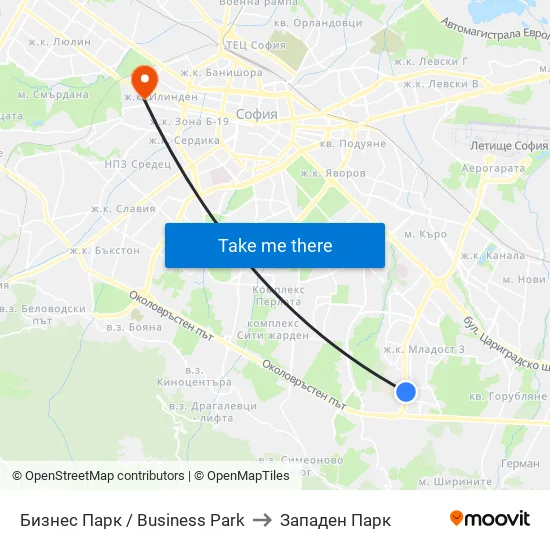 Бизнес Парк / Business Park to Западен Парк map