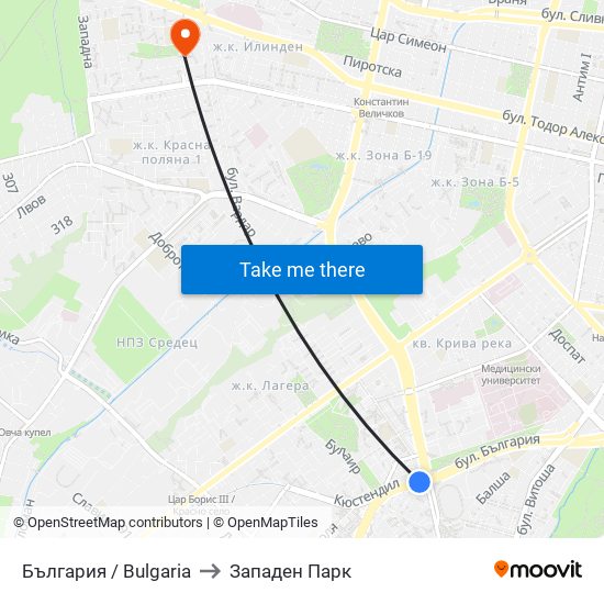 България / Bulgaria to Западен Парк map