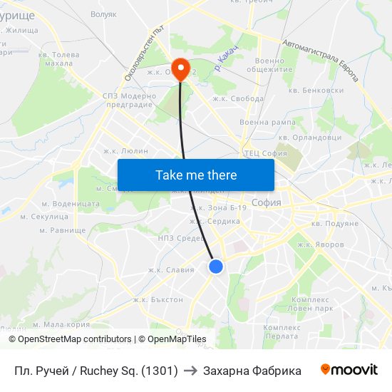 Пл. Ручей / Ruchey Sq. (1301) to Захарна Фабрика map