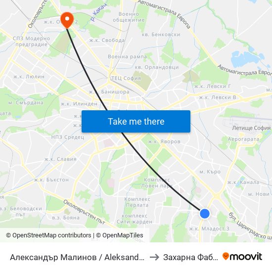 Александър Малинов / Aleksandar Malinov to Захарна Фабрика map