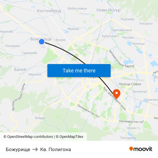 Божурище to Кв. Полигона map