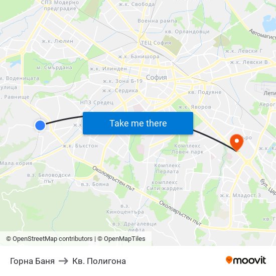 Горна Баня to Кв. Полигона map