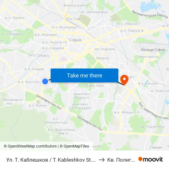 Ул. Т. Каблешков / T. Kableshkov St. (2213) to Кв. Полигона map
