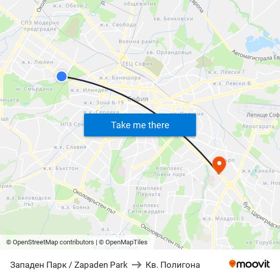 Западен Парк / Zapaden Park to Кв. Полигона map