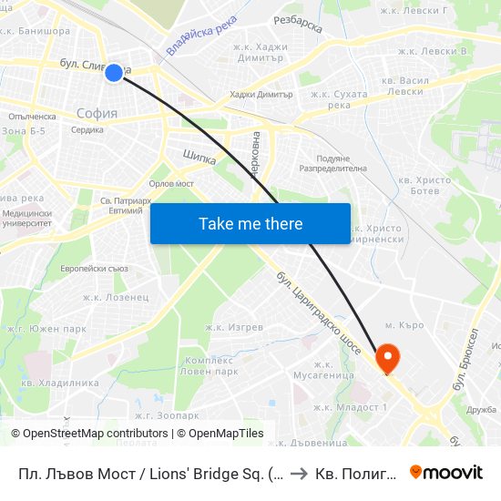 Пл. Лъвов Мост / Lions' Bridge Sq. (1278) to Кв. Полигона map