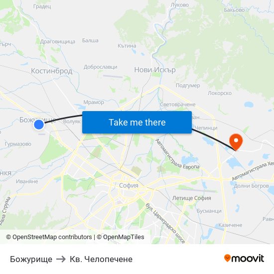 Божурище to Кв. Челопечене map