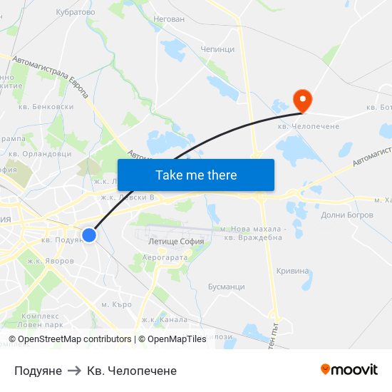 Подуяне to Кв. Челопечене map