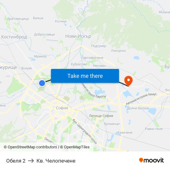 Обеля 2 to Кв. Челопечене map