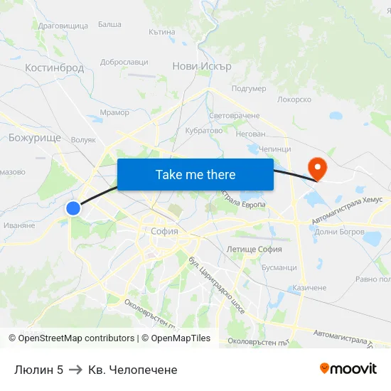 Люлин 5 to Кв. Челопечене map