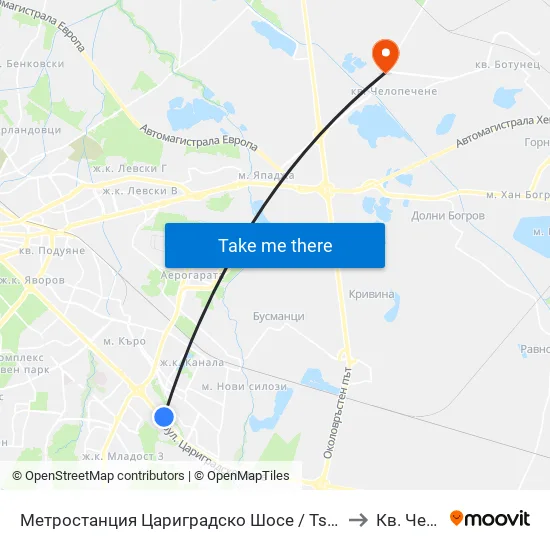 Ⓜ️ Метростанция Цариградско Шосе / Tsarigradsko Shosse Metro Station (1016) to Кв. Челопечене map