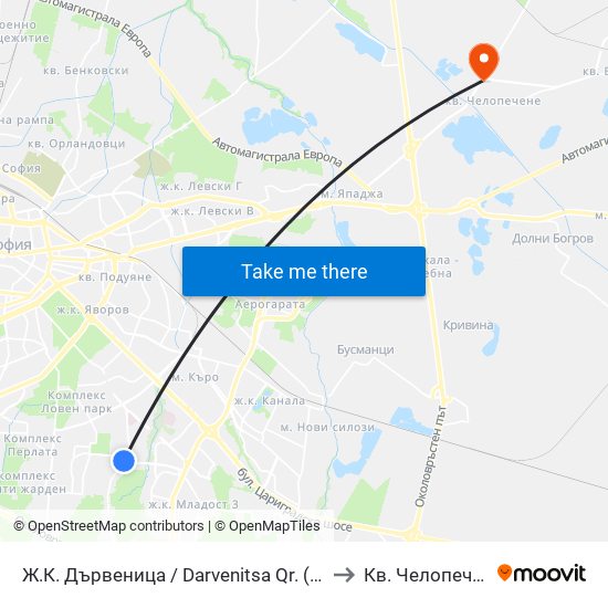Ж.К. Дървеница / Darvenitsa Qr. (1012) to Кв. Челопечене map