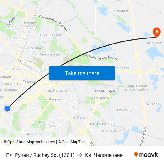 Пл. Ручей / Ruchey Sq. (1301) to Кв. Челопечене map