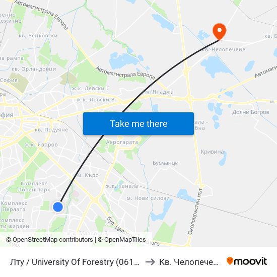 Лту / University Of Forestry (0614) to Кв. Челопечене map