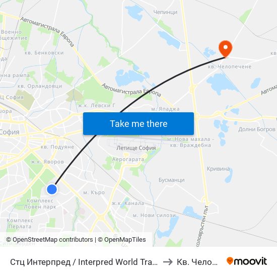 Стц Интерпред / Interpred World Trade Centre (1109) to Кв. Челопечене map