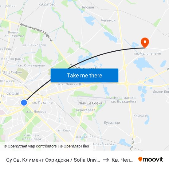 Су Св. Климент Охридски / Sofia University St. Kliment Ohridski to Кв. Челопечене map
