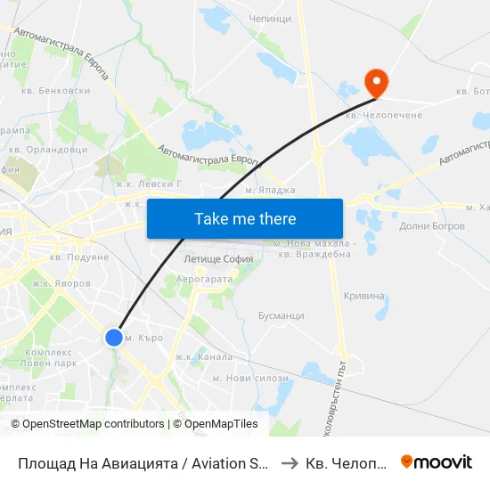 Площад На Авиацията / Aviation Square (1258) to Кв. Челопечене map