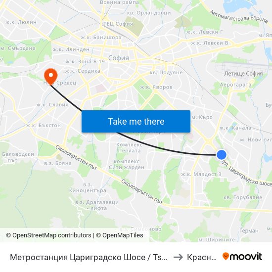 Метростанция Цариградско Шосе / Tsarigradsko Shosse Metro Station (1016) to Красна Поляна map