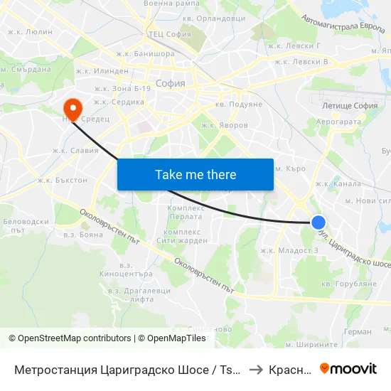 Ⓜ️ Метростанция Цариградско Шосе / Tsarigradsko Shosse Metro Station (1016) to Красна Поляна map