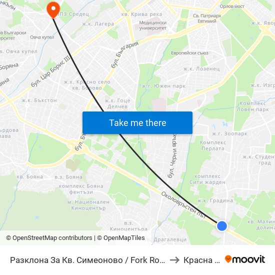 Разклона За Кв. Симеоново / Fork Road To Simeonovo Qr. (1458) to Красна Поляна map