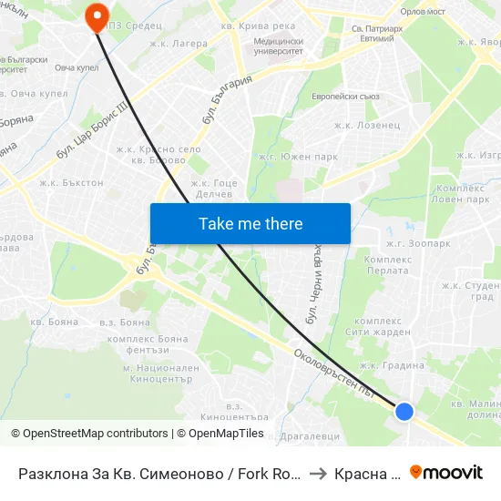 Разклона За Кв. Симеоново / Fork Road To Simeonovo Qr. (1458) to Красна Поляна map