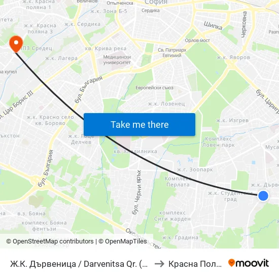 Ж.К. Дървеница / Darvenitsa Qr. (1015) to Красна Поляна map
