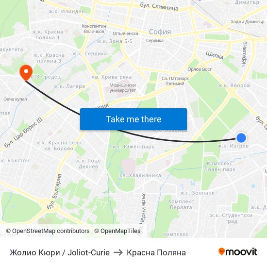 Жолио Кюри / Joliot-Curie to Красна Поляна map