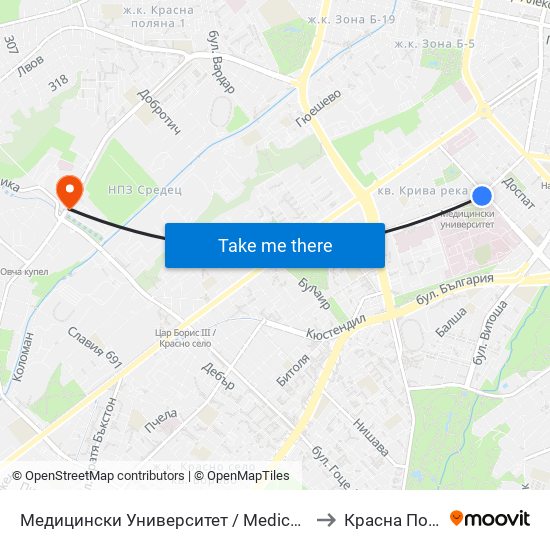 Медицински Университет / Medical University to Красна Поляна map