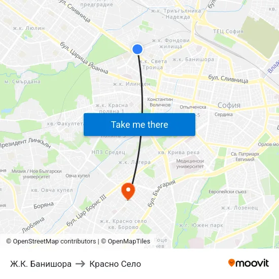 Ж.К. Банишора to Красно Село map