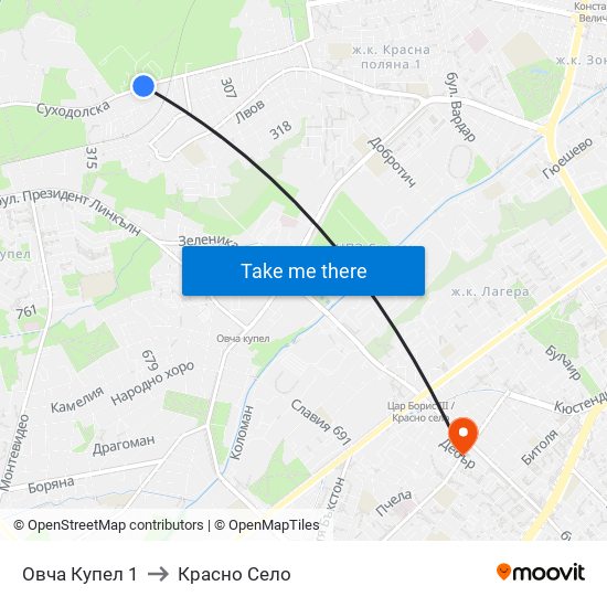 Овча Купел 1 to Красно Село map