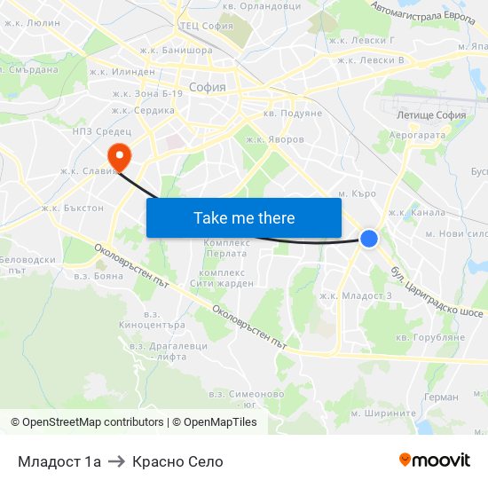 Младост 1а to Красно Село map