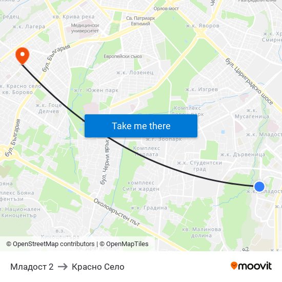 Младост 2 to Красно Село map