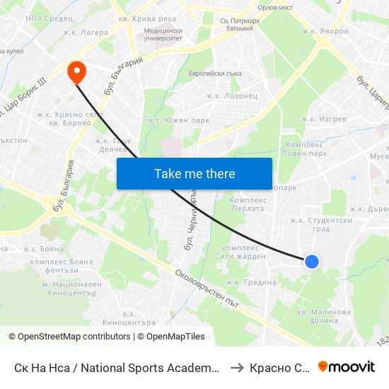 Ск На Нса / National Sports Academy (1609) to Красно Село map