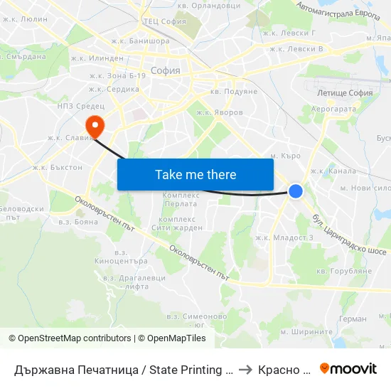 Държавна Печатница / State Printing House (0555) to Красно Село map