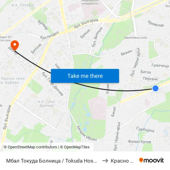 Мбал Токуда Болница / Tokuda Hospital (0206) to Красно Село map