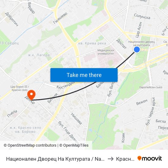 Национален Дворец На Културата / National Palace Of Culture (1134) to Красно Село map