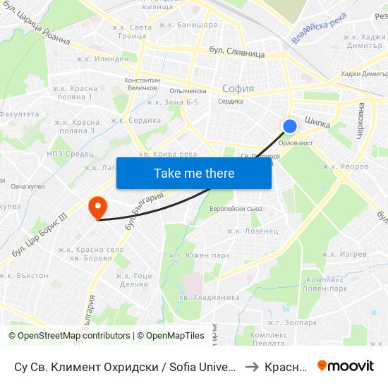 Су Св. Климент Охридски / Sofia University St. Kliment Ohridski to Красно Село map