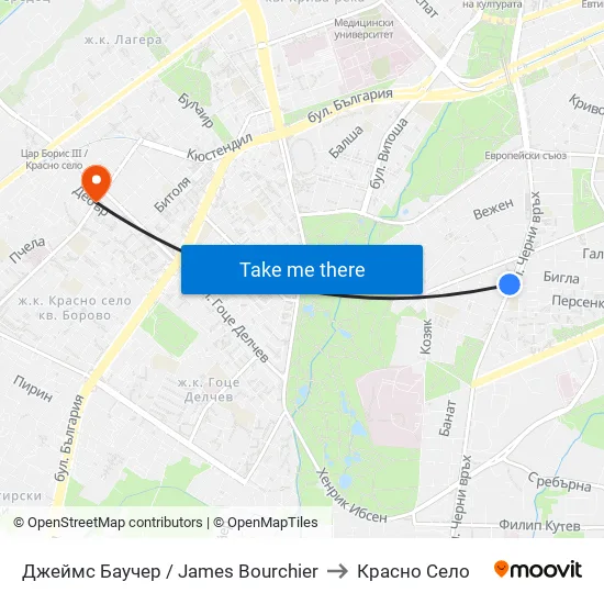 Джеймс Баучер / James Bourchier to Красно Село map