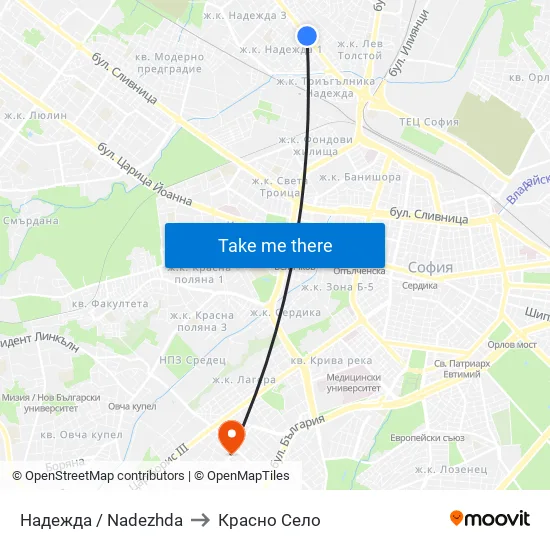 Надежда / Nadezhda to Красно Село map