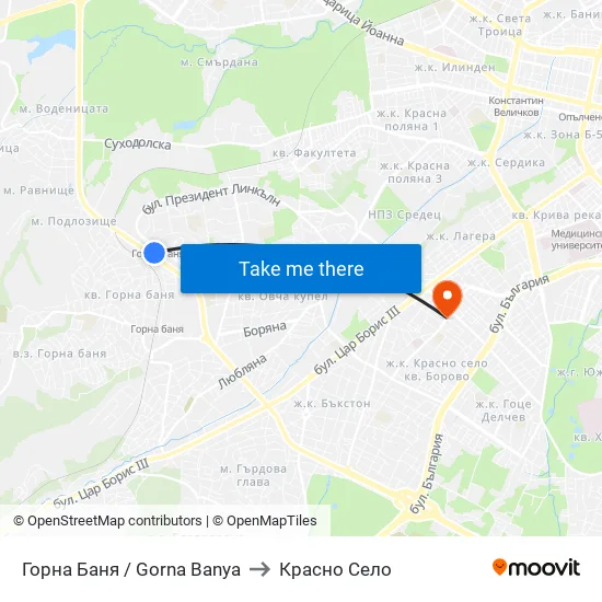 Горна Баня / Gorna Banya to Красно Село map
