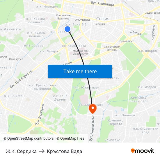 Ж.К. Сердика to Кръстова Вада map