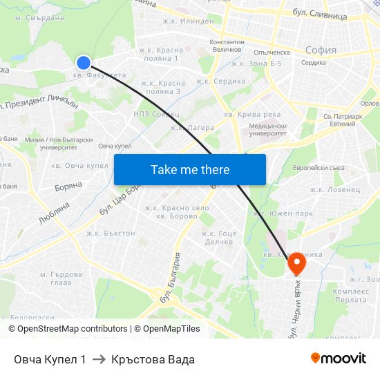 Овча Купел 1 to Кръстова Вада map