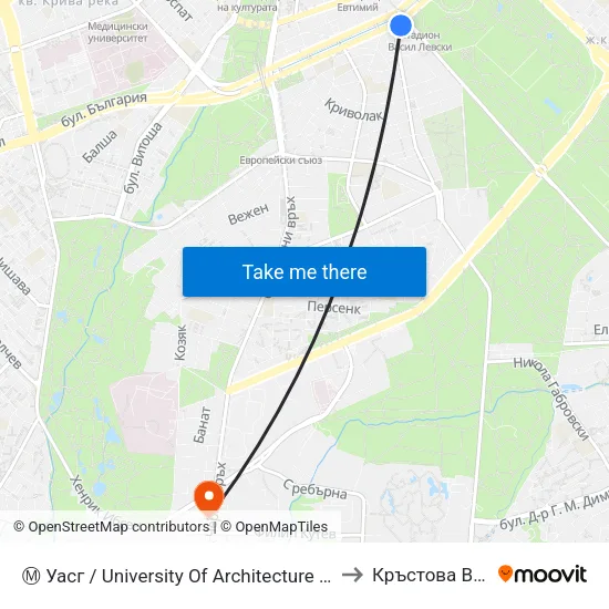 Ⓜ️ Уасг / University Of Architecture (0386) to Кръстова Вада map