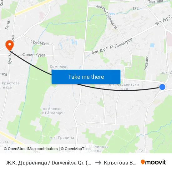 Ж.К. Дървеница / Darvenitsa Qr. (1012) to Кръстова Вада map