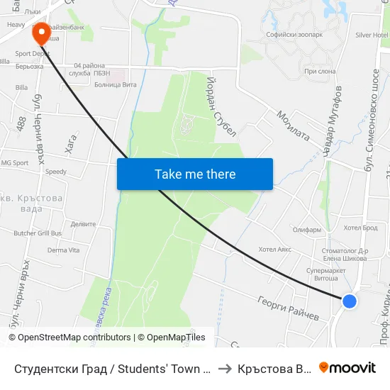 Студентски Град / Students' Town (2382) to Кръстова Вада map