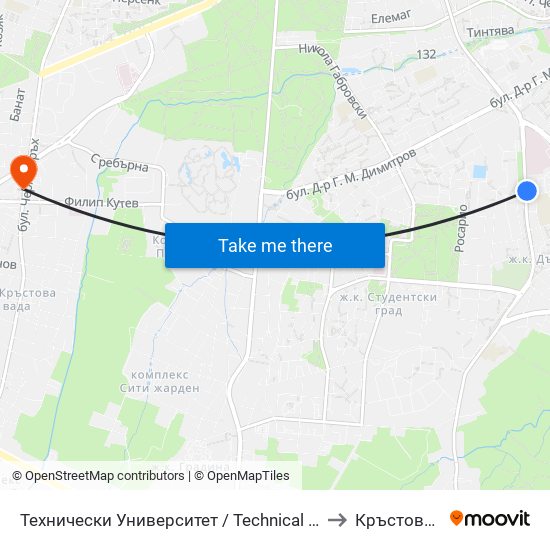 Технически Университет / Technical University (1743) to Кръстова Вада map