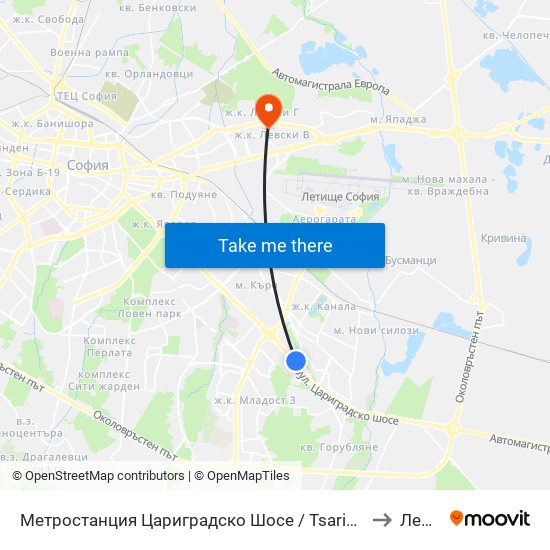 Метростанция Цариградско Шосе / Tsarigradsko Shosse Metro Station (1016) to Левски Б map