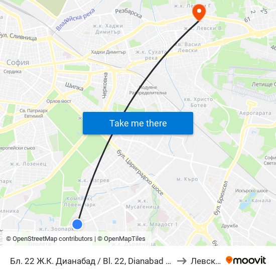 Бл. 22 Ж.К. Дианабад / Bl. 22, Dianabad Qr. (0124) to Левски Б map