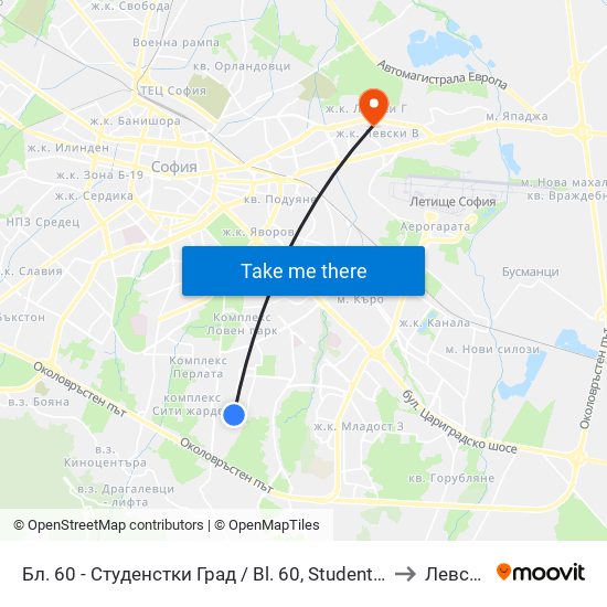 Бл. 60 - Студенстки Град / Bl. 60, Students' Town (2507) to Левски Б map