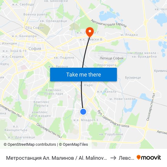 Метростанция Ал. Малинов / Al. Malinov Metro Station (0170) to Левски Б map