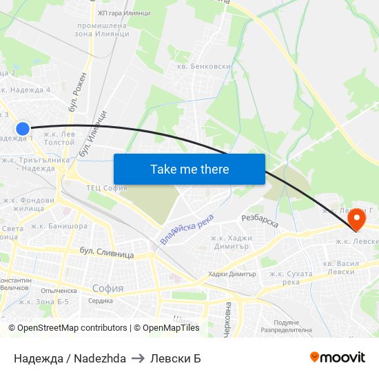 Надежда / Nadezhda to Левски Б map